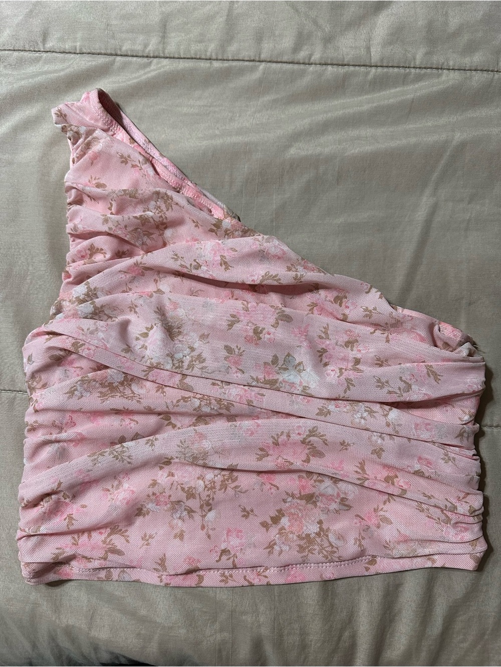 SHEIN Pink Floral One-Shoulder Ruched Crop Top